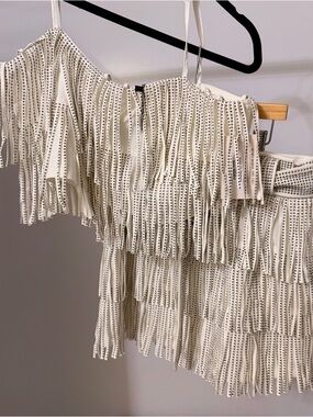 Women’s Ivory Fringe Off-Shoulder Top and Skirt Set